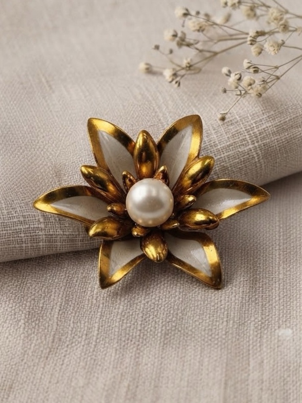 Vintage MCM Layered Gold-Tone & Cream Enamel Floral Brooch